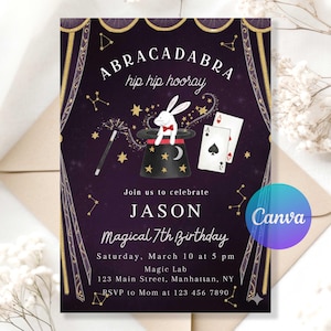 Op de afbeelding: Een paarse uitnodiging met de tekst "ABRACADABRA hip hip hooray" en "Magical 7th Birthday". Het bevat een konijn in een hoge hoed, speelkaarten en een toverstaf. De uitnodiging is voor Jason's verjaardag.