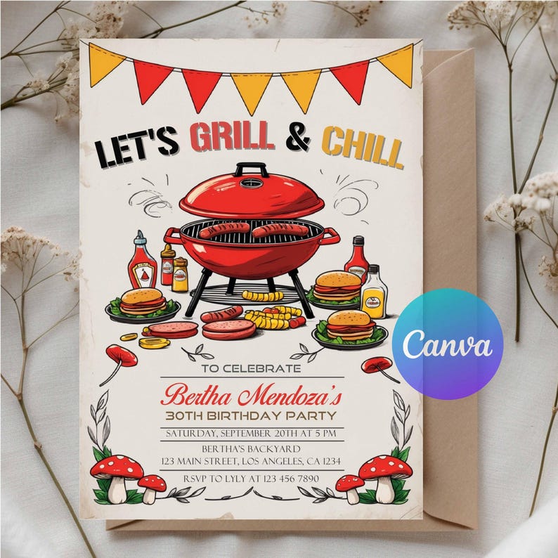 Peut inclure: Invitation d'anniversaire sur le th&egrave;me du barbecue. L'invitation pr&eacute;sente un grill rouge avec des saucisses, des hamburgers et du ma&iuml;s en &eacute;pi. Le texte comprend "LET'S GRILL & CHILL" et les d&eacute;tails de l'anniversaire de Bertha Mendoza.