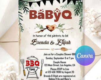 May include: A baby shower invitation with a watercolor design. The invitation features the text "BaByQ" in brown letters, along with the names "Brenda & Elijah." The invitation includes details for a couples shower BBQ.