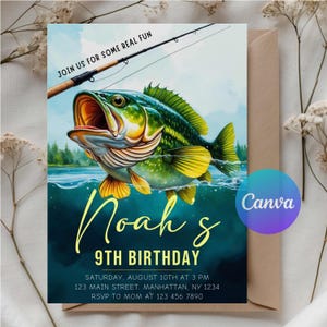 Faire-part d'anniversaire de pêche numérique, invitation de fête de pêche numérique, modèle modifiable sur toile, téléchargement immédiat, thème unique O-Fish-Ally
