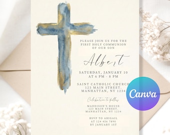 Blue Holy Communion Invitation | First Holy Communion Invite | Boy Religious Communion Printable | Editable Digital Invitation.