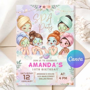 Könnte beinhalten: Eine Einladung zur Spa-Party zum Geburtstag mit Cartoon-Mädchen mit Gesichtsmasken und Handtüchern. Die Einladung enthält den Text "SPA Party" und Details für Amandas 10. Geburtstag, einschließlich Datum, Uhrzeit und Ort.