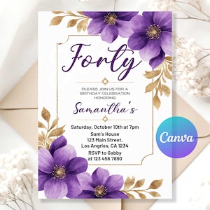 Lila und Gold Blumen-Geburtstagseinladung | Elegante Blumen-Party einladen Bearbeitbare digitale Vorlage | Druckbare Geburtstags-Evite