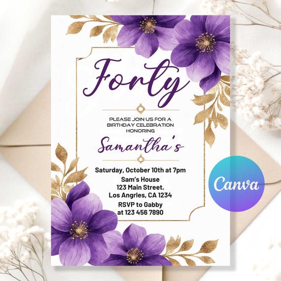 Purple and Gold Floral Birthday Invitation | Elegant Flowers Party Invite | Editable Digital Template | Printable Birthday Evite