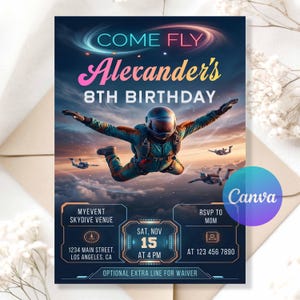 Puede incluir: Invitación de cumpleaños con un paracaidista en el aire contra un cielo nublado. El texto "Come Fly Alexander's 8th Birthday" se muestra en colores vibrantes. Incluye detalles del evento y el logotipo de Canva.