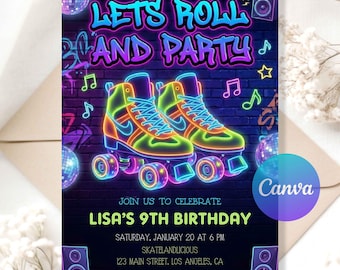 Roller Skating Glow Birthday Party Invitation | Neon Skate Party Invite | Editable Printable Digital Birthday Invitation.