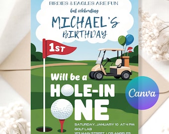 Hole in One Birthday Invitation, Golf Par-Tee First Birthday Invite, Boy Golfing Party Printable, Editable Digital Golf Birthday Template