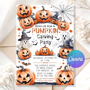 May include: A Halloween party invitation featuring watercolour illustrations of carved pumpkins, ghosts, bats, and a spiderweb. The text reads "Join us for a Pumpkin Carving Party" with event details. The Canva logo is visible.