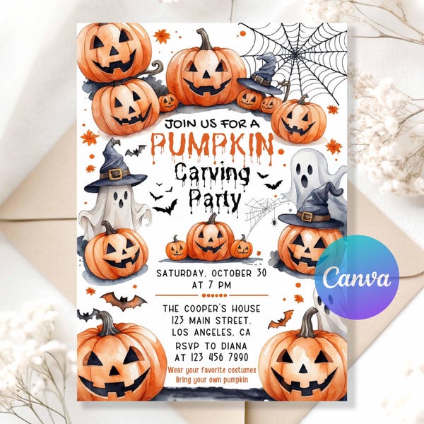 Halloween Pumpkin Carving Party Invitation | Editable Digital Download | Spooky Jack-O-Lantern Invite | Printable Halloween Invitation