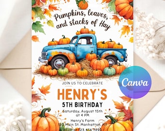 May include: An invitation card with a watercolor illustration of a blue truck filled with pumpkins. The text reads "Pumpkins, leaves, and stacks of Hay" and "HENRY'S 5TH BIRTHDAY". Includes event details and RSVP information.