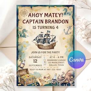 Pirate Birthday Invitation, Digital Pirate Party Invite, Pirate Theme Bday Card, Printable Pirates Template, Boys Pirate Invitation.