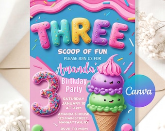 Invitación de cumpleaños con temática de helado, invitación para fiesta de cumpleaños número 3 con tres bolas de helado, plantilla editable para fiesta de cumpleaños número 3 con temática de helado para niña o niño