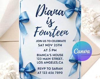 Blue Coquette Birthday Invitation | Editable Digital Download | Elegant Blue Bow Party Invite | Printable Chic Ribbon Template