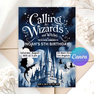 Invitation d&#39;anniversaire de sorciers et de sorcières | Faire-part de fête modifiable magique | Modèle imprimable de thème envoûtant | Téléchargement instantané