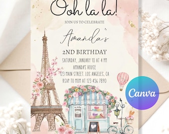 Convite de aniversário com tema parisiense, convite para festa em confeitaria francesa, aniversário com tema floral em café parisiense, modelo de convite para festa de chá parisiense para imprimir