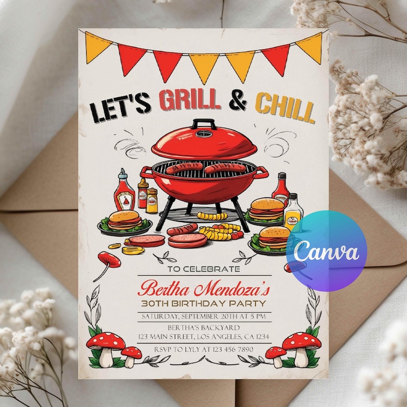 Peut inclure: Une invitation de style vintage avec l'inscription "LET'S GRILL & CHILL" au-dessus d'une illustration de barbecue rouge. L'invitation comprend les d&eacute;tails de la f&ecirc;te du 30e anniversaire de Bertha Mendoza, avec la date, l'heure et le lieu.