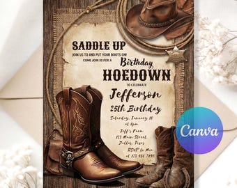 Western Hoedown Birthday Invitation – Cowboy Theme Digital Invite, Printable & Editable Canva Template, Rustic Fun, Instant Download .