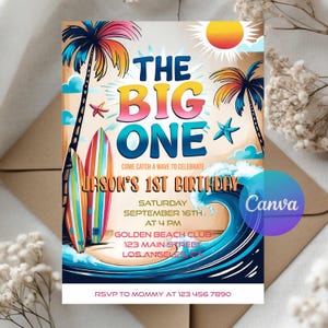May include: A colorful birthday invitation with a beach theme. The design features palm trees, surfboards, and a large wave. Text includes "The Big One" and "Jason's 1st Birthday". The invitation is set against a light background.