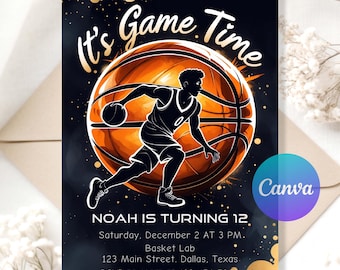 Op de afbeelding: Basketbal thema verjaardagsuitnodiging met een zwarte achtergrond en gouden accenten. Het ontwerp toont een basketbal en een speler illustratie. Tekst luidt "It's Game Time" en "Noah wordt 12". Bevat evenement details en een Canva logo.