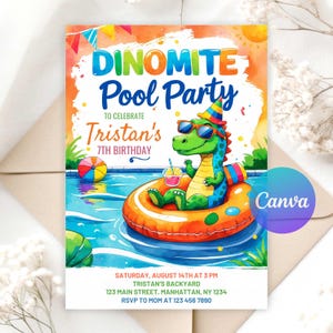 May include: A vibrant pool party invitation with the text "DINOMITE Pool Party" and "Tristan's 7th Birthday". It depicts a cartoon dinosaur wearing sunglasses, relaxing in a pool on an orange inflatable ring. The invitation includes party details.