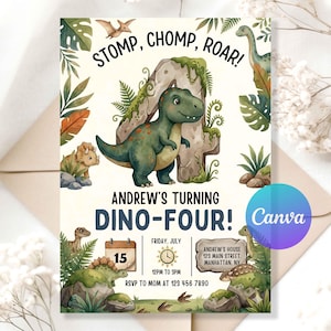 Zaproszenie na czwarte urodziny Dino-Four – cyfrowe zaproszenie na imprezę z motywem dinozaura, edytowalny szablon Canva, możliwość natychmiastowego pobrania.