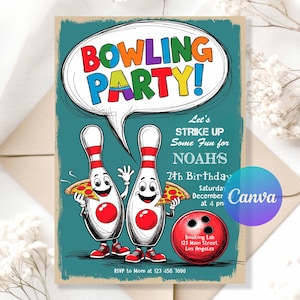May include: Bowling party invitation with cartoon bowling pins holding pizza slices. The invitation features the text "BOWLING PARTY!" in colorful letters, along with event details and the Canva logo.