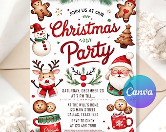 May include: A Christmas party invitation with festive illustrations. The design features a snowman, reindeer, Santa Claus, gingerbread men, and a Christmas tree. The invitation includes the text "Christmas Party" and event details.