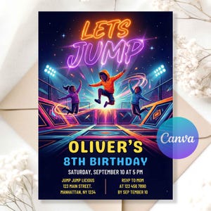 May include: A vibrant birthday invitation with a neon design. The words "LET'S JUMP" are in bright orange and purple. The invitation features illustrations of children jumping on trampolines. The text reads "OLIVER'S 8TH BIRTHDAY" with event details.