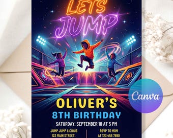 Invito di compleanno al parco dei trampolini – Invito digitale per festa di salti e capriole, modello Canva modificabile per bambini e adolescenti, download immediato.