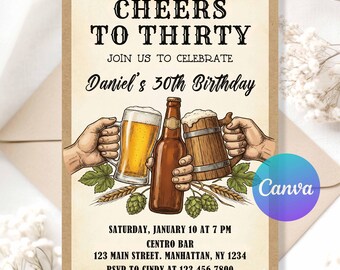 Cheers and Beers Birthday Party Invitation | 30th 40th 50th Adult Birthday Invite | Editable Printable Digital Invitation.