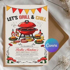 Peut inclure: Invitation de f&ecirc;te avec un barbecue rouge, des hamburgers et des condiments. Le texte "LET'S GRILL & CHILL" est en haut, avec les d&eacute;tails de l'anniversaire de Bertha Mendoza. Le logo Canva est en bas &agrave; droite.
