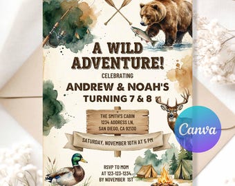 Può includere: Invito a tema Avventura Selvaggia con illustrazioni ad acquerello di un orso, un cervo, una canna da pesca e un falò. L'invito celebra i 7 e 8 anni di Andrew e Noah, con i dettagli dell'evento.