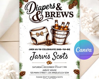 Diapers & Brews Baby Shower Invitation | Editable Digital Download | “A Baby Is Brewing” Men’s Diaper Party Invite | Printable Template