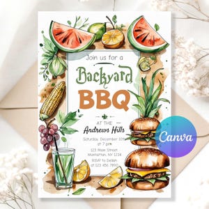 May include: Watercolor-style invitation for a Backyard BBQ, featuring illustrations of watermelon, corn, grapes, lemons, and burgers. The invitation includes the text "Join us for a Backyard BBQ at the Andrews Hills" with event details.