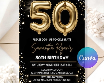 50th Birthday Invitation | Gold and Black Birthday Party Invite | Elegant Milestone Digital Template | Printable Adult Birthday Evite