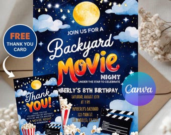 Backyard Movie Night Birthday Invitation | Editable Digital Download | Outdoor Cinema Party Invite | Under the Star Theme | Instant Download