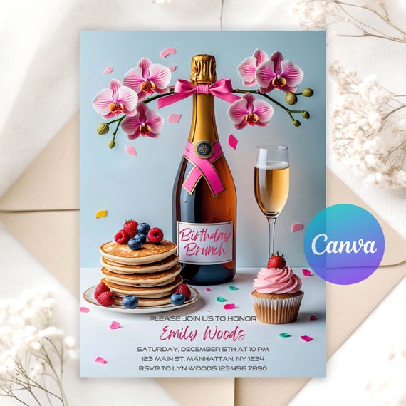Brunch Birthday Invitation | Editable Digital Download | “Let’s Brunch” Birthday Bash Invite | Printable Neon or Floral Template | Canva