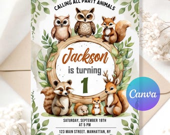 Invitación de cumpleaños de Woodland Wild One / Invitación para primer cumpleaños / Tema de animales del bosque rústico / Plantilla digital editable e imprimible