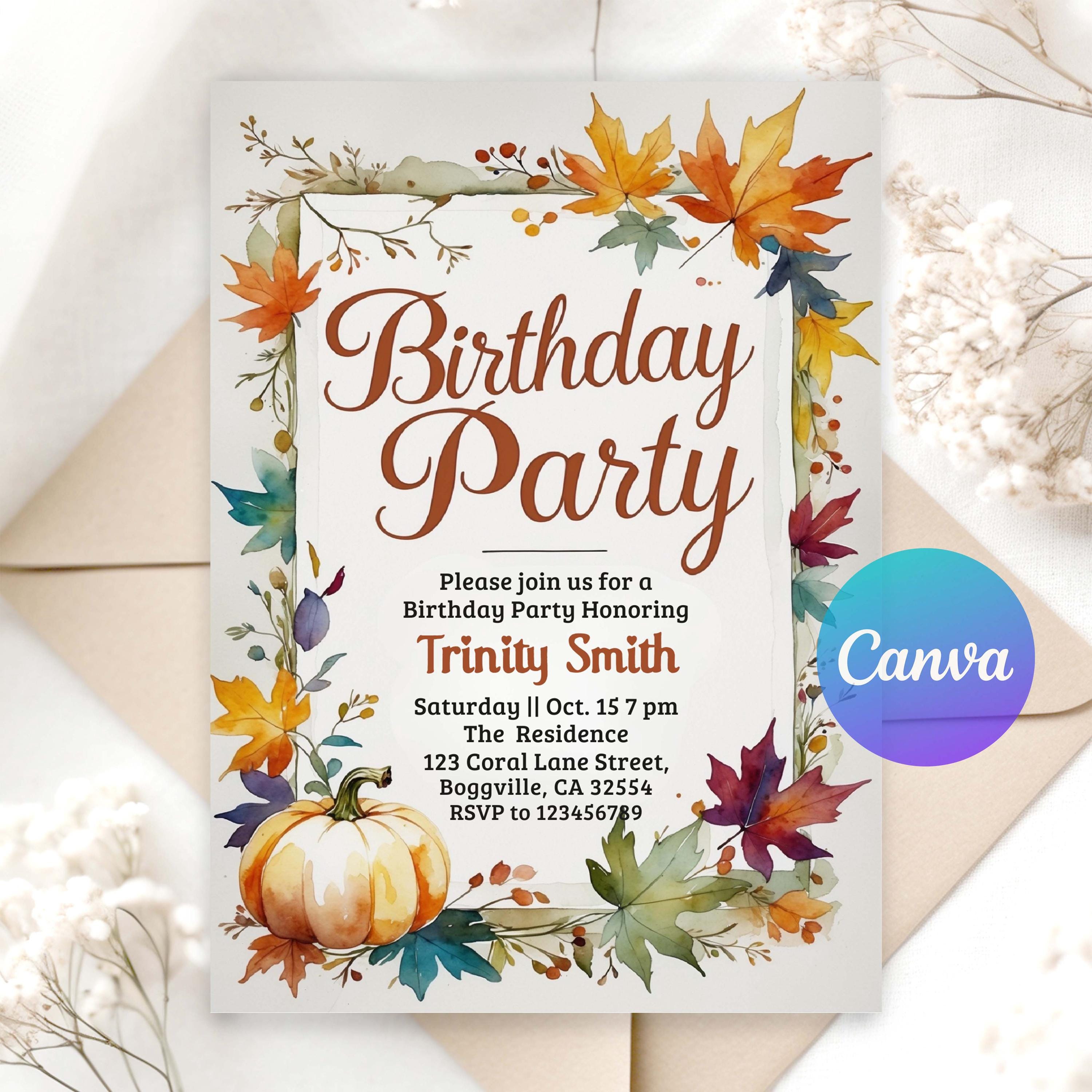 Autumn Birthday Invitation | Editable Digital Download | Fall Leaves & Pumpkin Party Invite | Printable Rustic Harvest Template