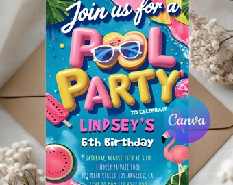 Pool Party Birthday Invitation | Editable Digital Download | Printable Summer Swim Party Invite | Instant Access | Customizable Canva