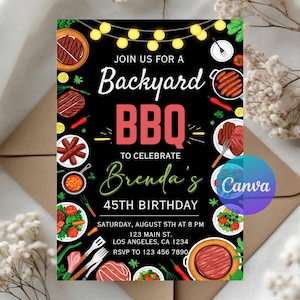 Convite de aniversário para churrasco no quintal, convite digital para festa ao ar livre, modelo editável, download instantâneo, celebração de verão com churrasco e descontração