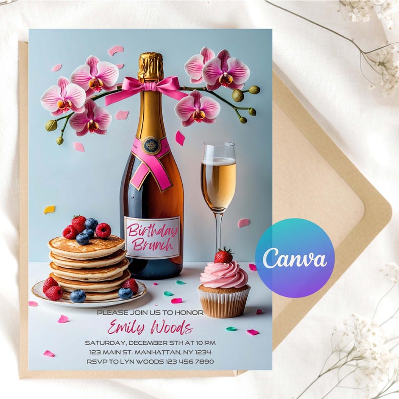 May include: A birthday brunch invitation featuring a champagne bottle with a pink ribbon, orchids, pancakes with berries, a cupcake, and a glass of champagne. The invitation includes the text "Birthday Brunch" and event details.