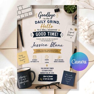May include: A retirement party invitation card featuring navy blue and gold text that reads Goodbye to the Daily Grind, Hello to a Well-Deserved Good Time! for Jessica Blane, with event details, a black mug, pens, and sticky notes.