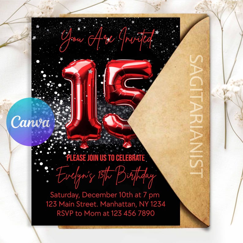 May include: A black invitation card with red text and accents, featuring a design for a 15th birthday celebration. The card includes red balloon-shaped numbers, the text "You Are Invited", and event details. The Canva logo is visible.