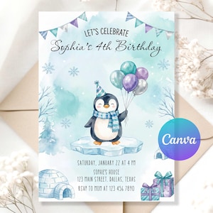 May include: A birthday invitation with a watercolor design. It features a penguin holding balloons, the text "Let's Celebrate Sophia's 4th Birthday", and event details. The design includes snowflakes, an igloo, and gift boxes.