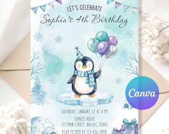 Penguin Birthday Invitation, Cute Winter Party Invite, Arctic Animals Girl Birthday, Printable Penguin Baby Birthday Invitation Template