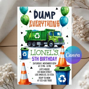 Faire-part d'anniversaire de camion poubelle, invitation numérique à une fête, modèle modifiable, téléchargement immédiat, thème de recyclage pour les enfants