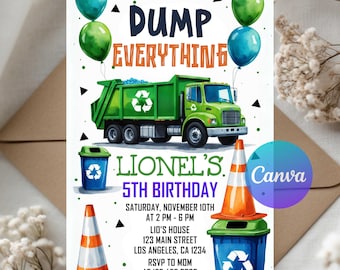 Garbage Truck Birthday Invitation, Digital Trash Bash Party Invite, Editable Template, Instant Download, Recycling Theme for Kids