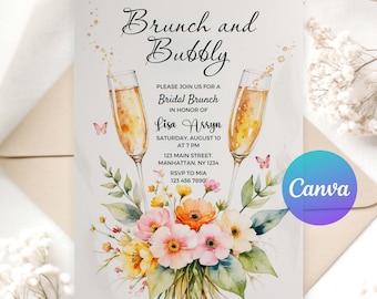 Brunch & Bubbly Bridal Shower Invitation | Editable Digital Download | Champagne Mimosa Floral Garden Party Invite | Printable Template