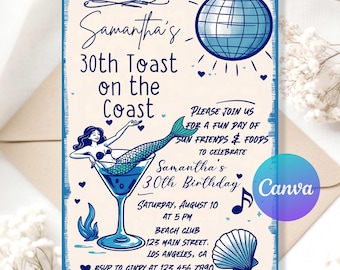 30th Toast on the Coast Birthday Invitation | Editable Beach Party Invite for Her | Coastal Theme Printable | Instant Digital Download